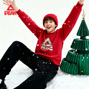 匹克童装男童加绒卫衣冬季2026新款红色一体绒打底衫女童圣诞衣服