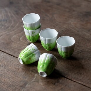 中式洒绿竹子陶瓷茶杯花口品茗杯客人杯手绘主人杯单杯家用喝茶杯