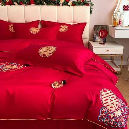 高结婚BaiSJJ14纯棉四件套婚庆大红色全棉被套单笠新床端婚婚嫁床