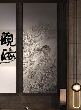 新中式观海玄关竖版饰画酒AAR店山客厅走茶室挂廊画大气水装风景