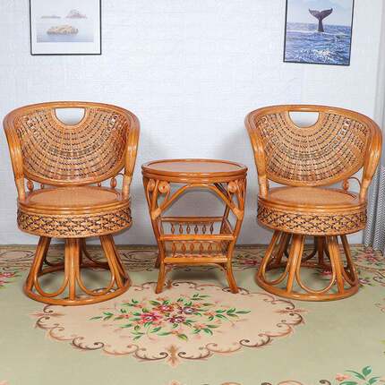 台W8888阳转三件纯手工编织印尼玛瑙真藤制作可转椅动休闲椅藤编套其