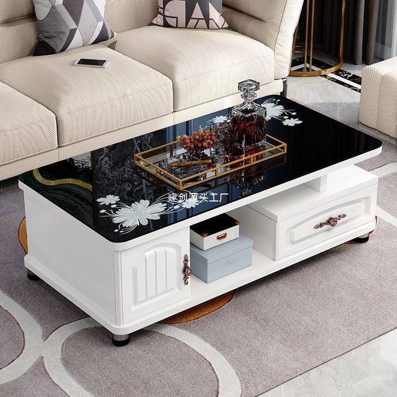 欧式圆角茶几带抽屉玻现代316549简约长家用客厅小户型化璃方形茶