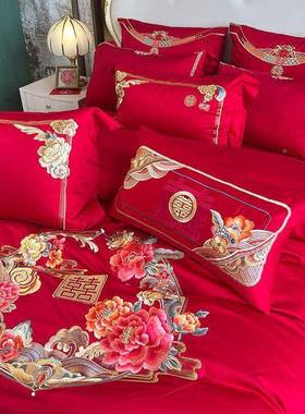 中式结婚庆被床上四件套婚套纯棉100S喜大被红色YC961040床单床品