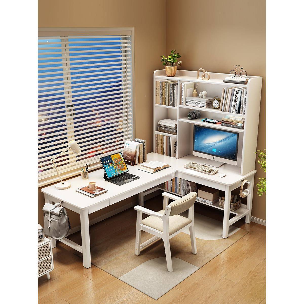 J&见详情实室木转角书桌书架体学一生用书柜组合学家习桌卧L型拐