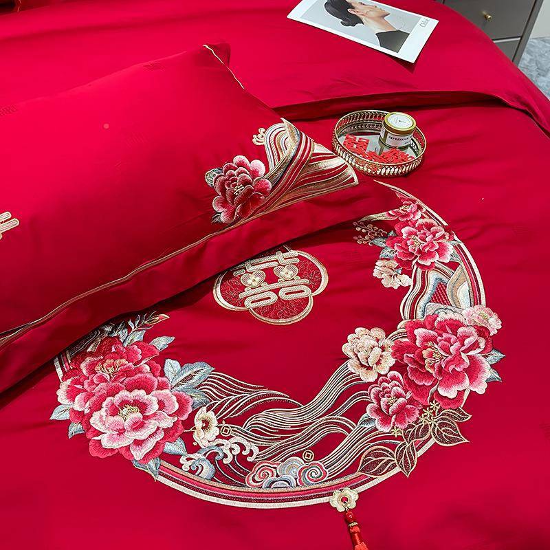 婚全棉ZM纯棉中式婚庆四件套红绣色刺绣房婚礼结花喜被婚被套床上