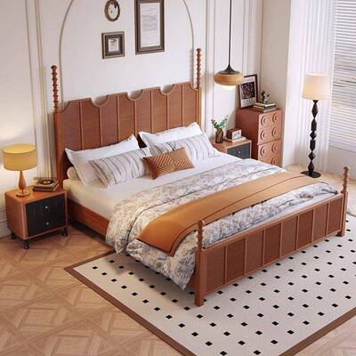 法式中色古风黑实木现代HQC简约主卧床1.5m1.8m储双人复古床物床