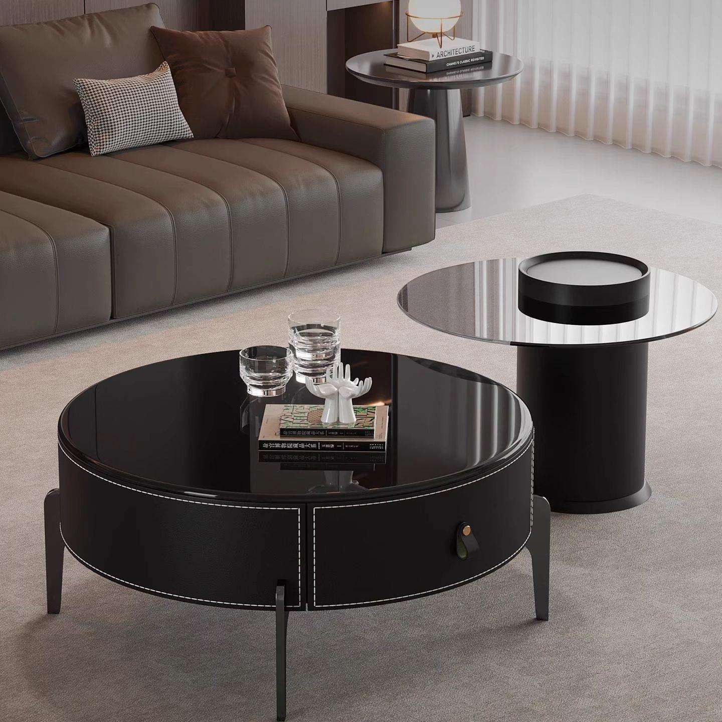 意式轻奢现代圆形茶几客厅家用小户型组合简约极简黑色茶几组合