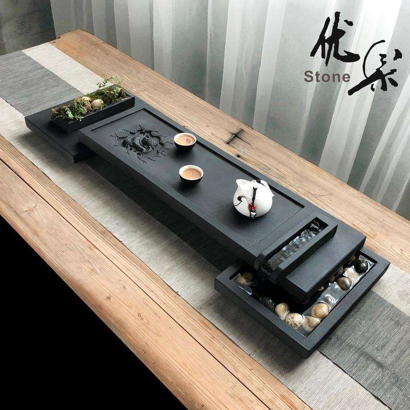 天然乌金石茶盘创意流水养鱼茶海石材鱼池禅意茶台家用石盘干泡台
