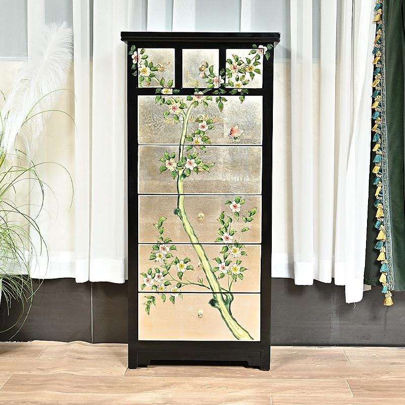 美式乡村银箔八斗柜实木收纳彩绘新中式复古床尾首饰沙发边柜储物