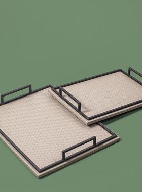 轻奢编IVS织皮革托盘摆件高档家用客厅样板置装饰纳长收方形物间