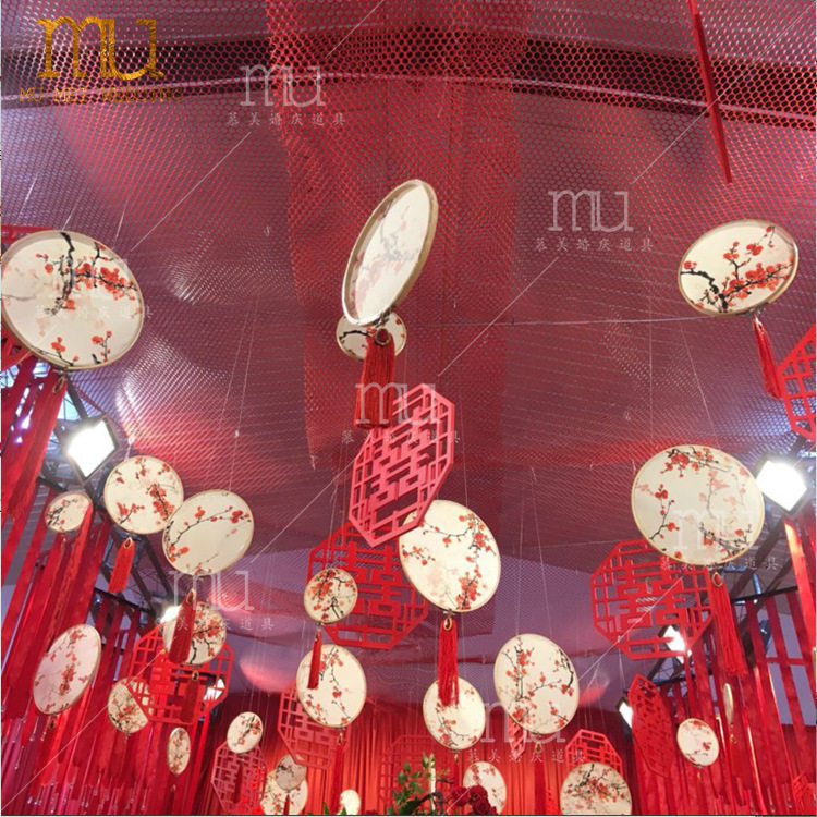 新款婚庆中式吊挂摆件带穗蕾丝圈圆形中式挂件婚庆背景装饰道具