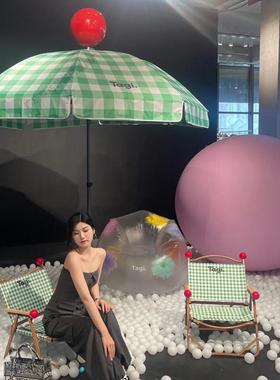 Tgi989.绿色格子带室内阳装饰美陈大号太伞a红色不锈钢球