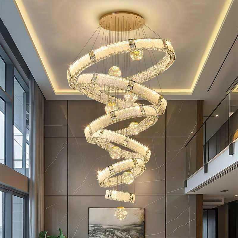 复式楼别大墅吊灯现代轻奢t挑空水晶灯楼中楼lo833f公灯寓大旋转