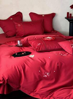 式喜Y庆刺绣澳棉床单套结陪婚红色被嫁全棉床上用品四中件套