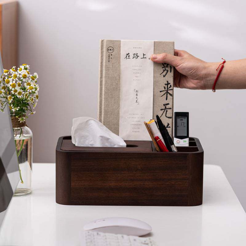 胡桃木纸巾盒新中式家居摆件抽纸盒木质多功能茶道茶巾收纳盒