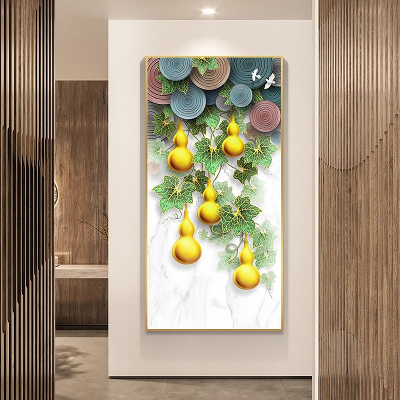 葫芦麋鹿中式福禄双全入户走廊玄关装饰画五福临门壁画门厅挂画金图片