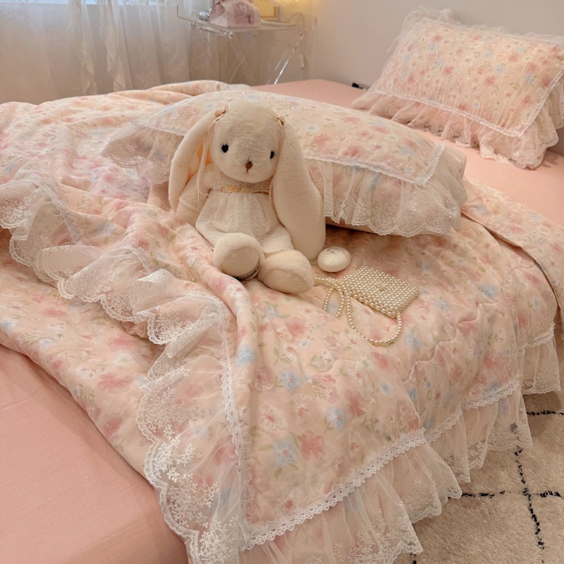 仙女款双层纱全棉夏被四件套荷叶边纯棉空调被三件套可机洗夏凉被