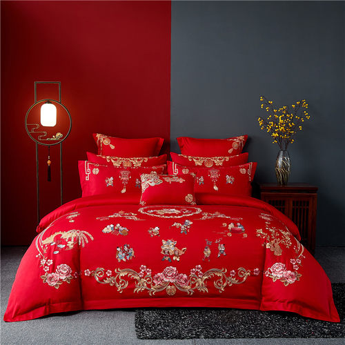 高档中式百子图刺绣婚庆四件套红色龙凤被套床单喜被结婚床上用品