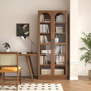 月复古橡木书柜带玻璃红书门客厅整墙木置FG 071书物柜实木落地书