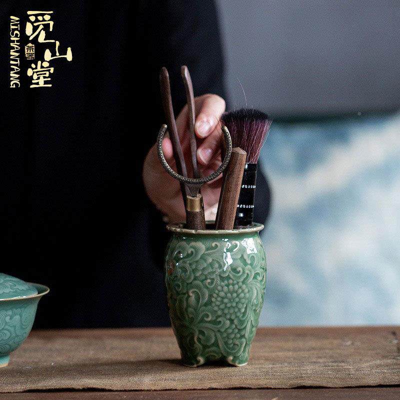 梅子青浮雕花瓶瓷茶道瓶六式君子套装陶瓷梅子青茶中复古青单茶筒