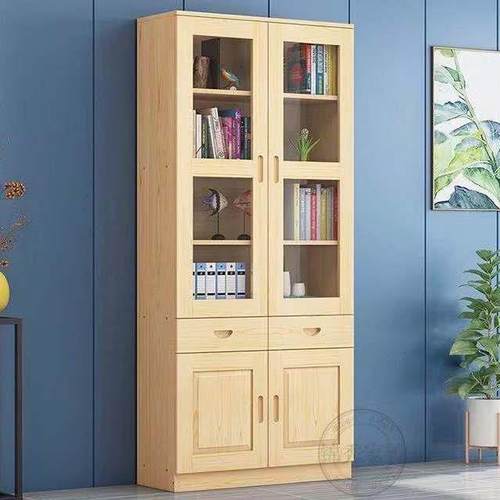 9C实木书带玻璃门柜书由架自组合松木书橱定制柜子置物架745464储