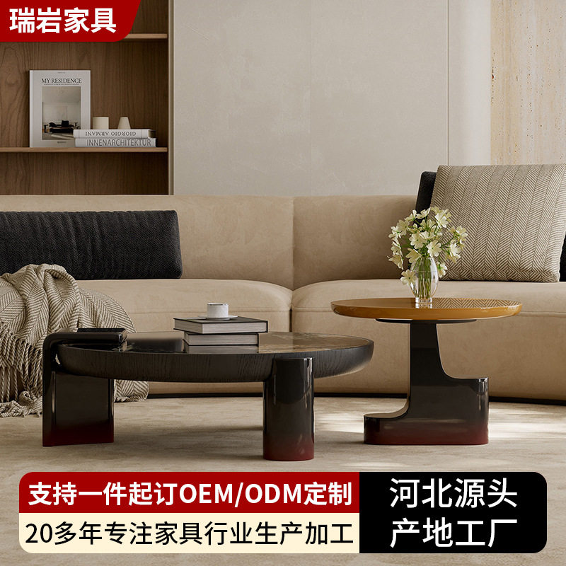 岩板茶几简约高低设计圆桌拼接式透明餐桌储物桌圆形渐变烤漆茶几