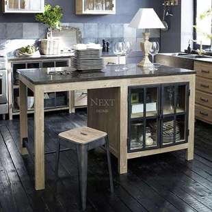 美式 实木中岛台厨房备餐桌料理台大理石餐边柜储物柜原木做旧碗柜