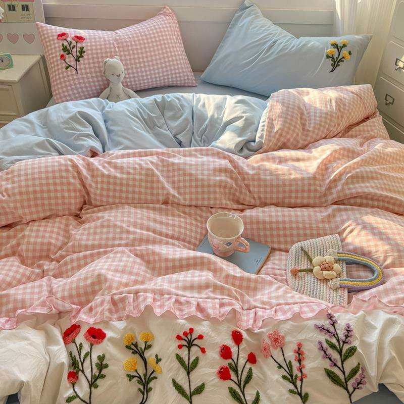 2025款云朵棉针织棉韩版花边毛巾绣床单床笠四件套学生宿舍三件套