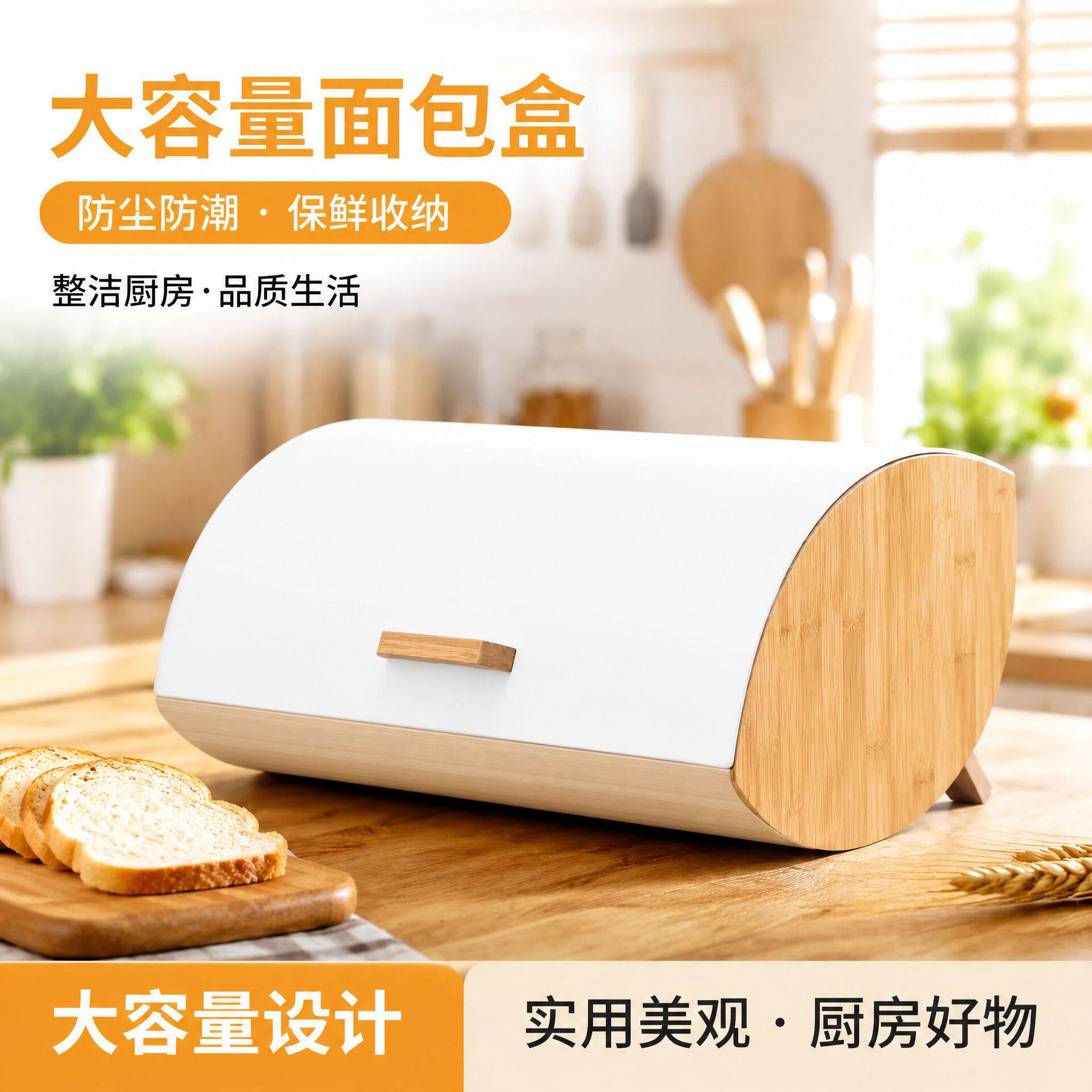 竹盖面包箱家用铁皮储物盒厨房收纳盒金属密封盒竹制