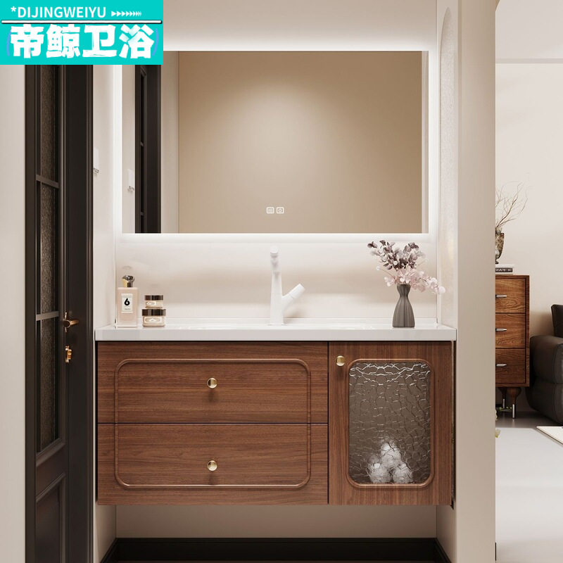 法式复古橡木实木浴室柜组合卫生间中古风一体陶瓷盆洗脸池洗漱台