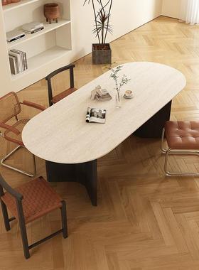 餐9U中古洞岩板桌椭圆形客厅实木餐桌PJP复古法式奶石油风家风用