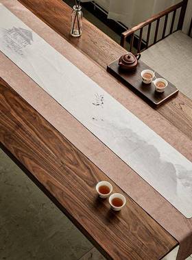 鹿绒防水席皮桌旗新式简约桌布彩绘茶中国风棉麻CEJ布中艺茶具配