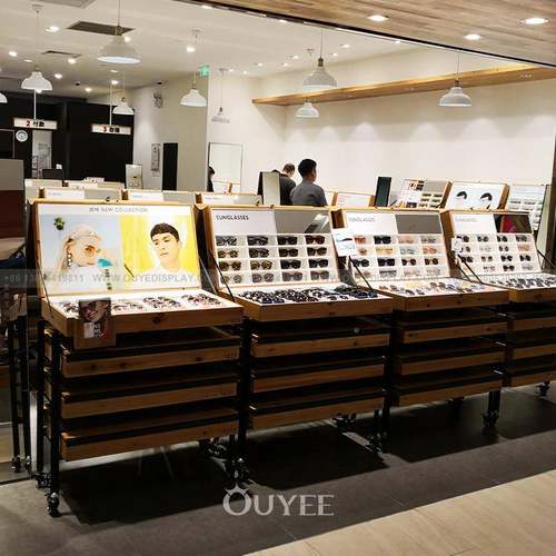 约厂家直销眼梯镜展示柜727背简形实木眼镜展柜多层亚克柜力展示