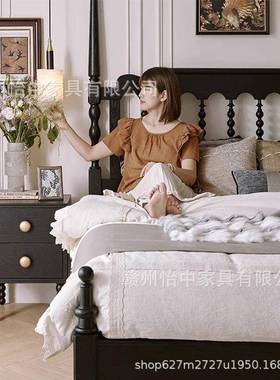 G301式复古实木床法主莎卧双人床红橡木卧室温黑色美式简约床1.8m