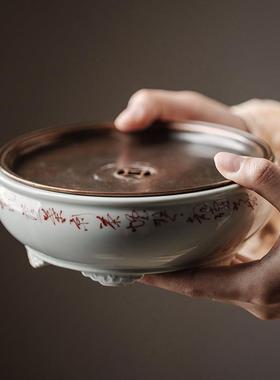 手工手诗中式具26725复古壶承带写铜片蓄水高端定窑干泡台功文夫