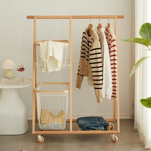 实木地衣帽HDF架多功能脏衣篓落家用卧可动挂衣室架移简易室内晾