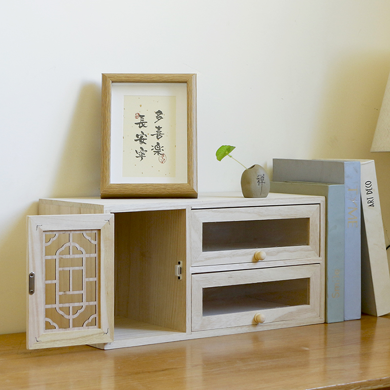 实木桌面上镂空收纳柜p置物架办公书房抽屉式收纳盒床头边储物柜