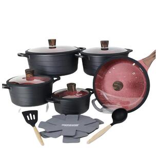 DON波NOR条纹锅具岩浪纹15件DN 15不粘锅理大石花岗汤锅深煎套