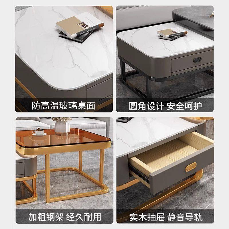 方茶形几轻奢极PSE简约正方茶形玻璃代茶几桌小户型几抽带屉家用