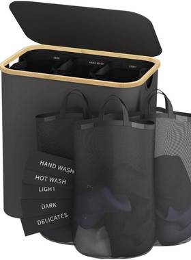 亚马逊超大AJS量可折叠容分类标脏篮楠竹收纳筐衣分区带脏盖衣篓