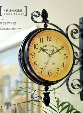 欧式铁艺双面挂钟创意式美两面挂复表现代简约钟客厅家用表古FVV