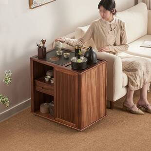 新中式全实木移动茶水柜胡桃木茶桌家用小型茶台烧水壶一体侧边g&