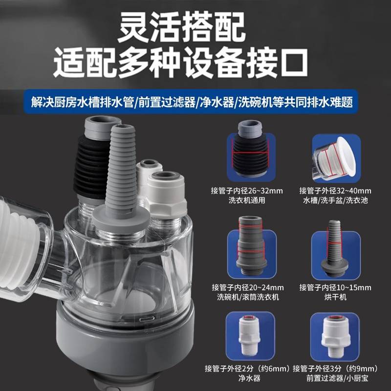 ?厨房下水管三头通下水道三通分水器五通水槽排水防返臭神