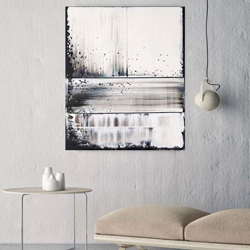 新款纯手绘油画玄关装饰画抽象艺术简约黑白现挂画竖版壁画包画框