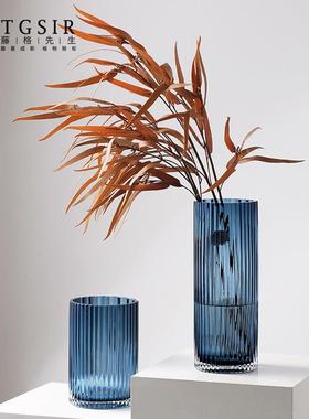 简约蓝色纹直筒玻花瓶摆竖件客绿厅透明水养百FS736809璃合植插花