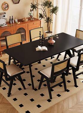 法式复古全实木餐桌藤风编SIU椅古长方桌形饭子家用白蜡中木一桌