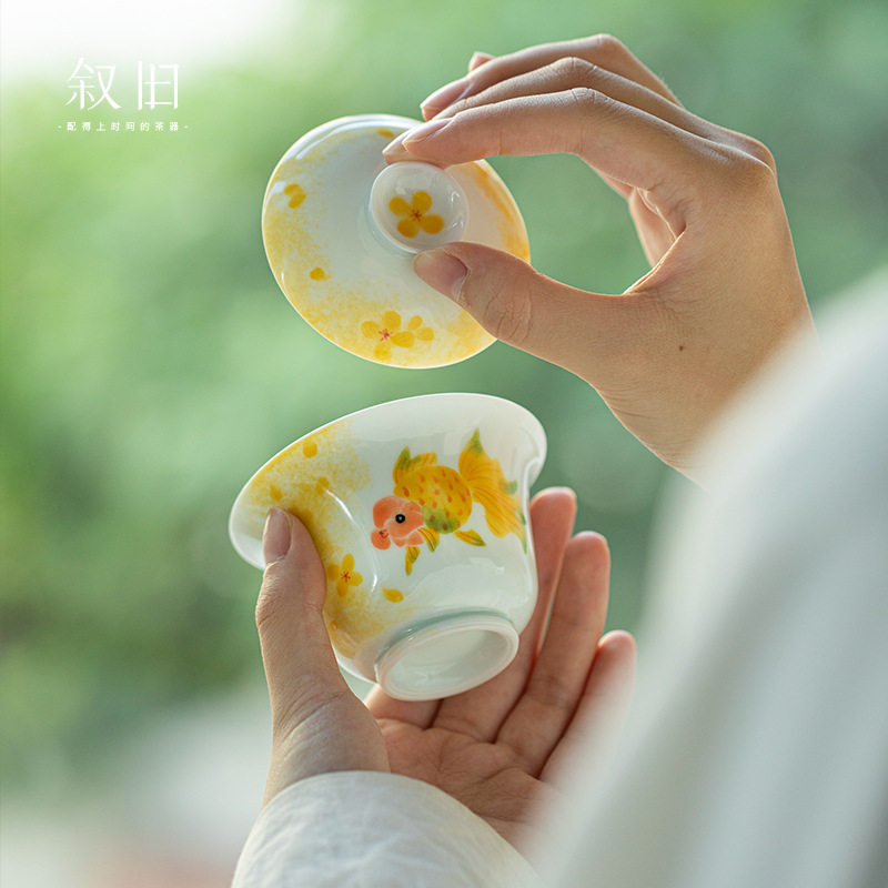 叙旧手绘锦鲤胖头鱼盖碗陶瓷家用单大号防烫功夫泡茶碗高档茶具