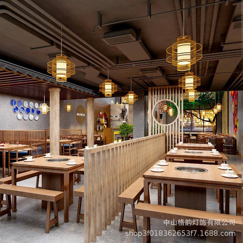 大气工程包圆厢间茶楼圆桌餐厅厅吊灯风中式格大民宿竹编卡大吊灯