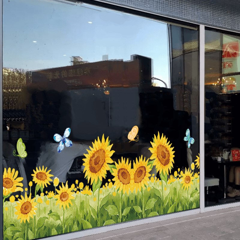 手绘清新花卉装饰玻璃贴纸商店橱窗地脚踢脚线PVC双面自粘墙贴画