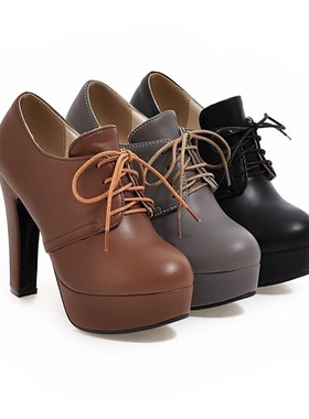 韩版系带粗跟单鞋深口高跟女鞋子大码43 44 45 46 47码超高跟单鞋